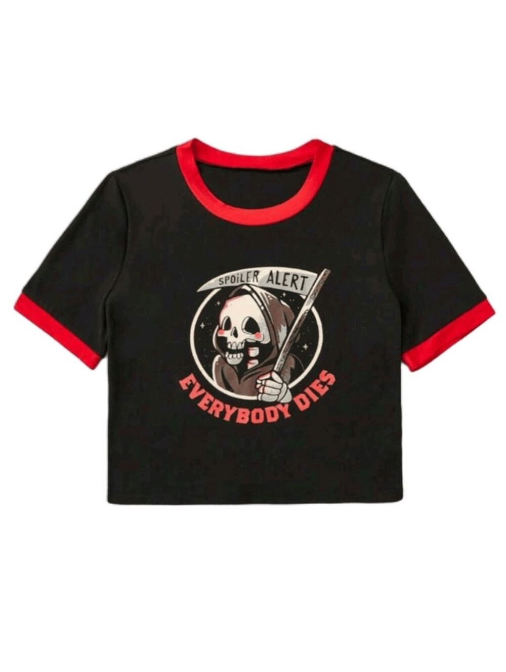 ROMWE Black Crop Tee with Red Trim and Grim Reaper Graphic